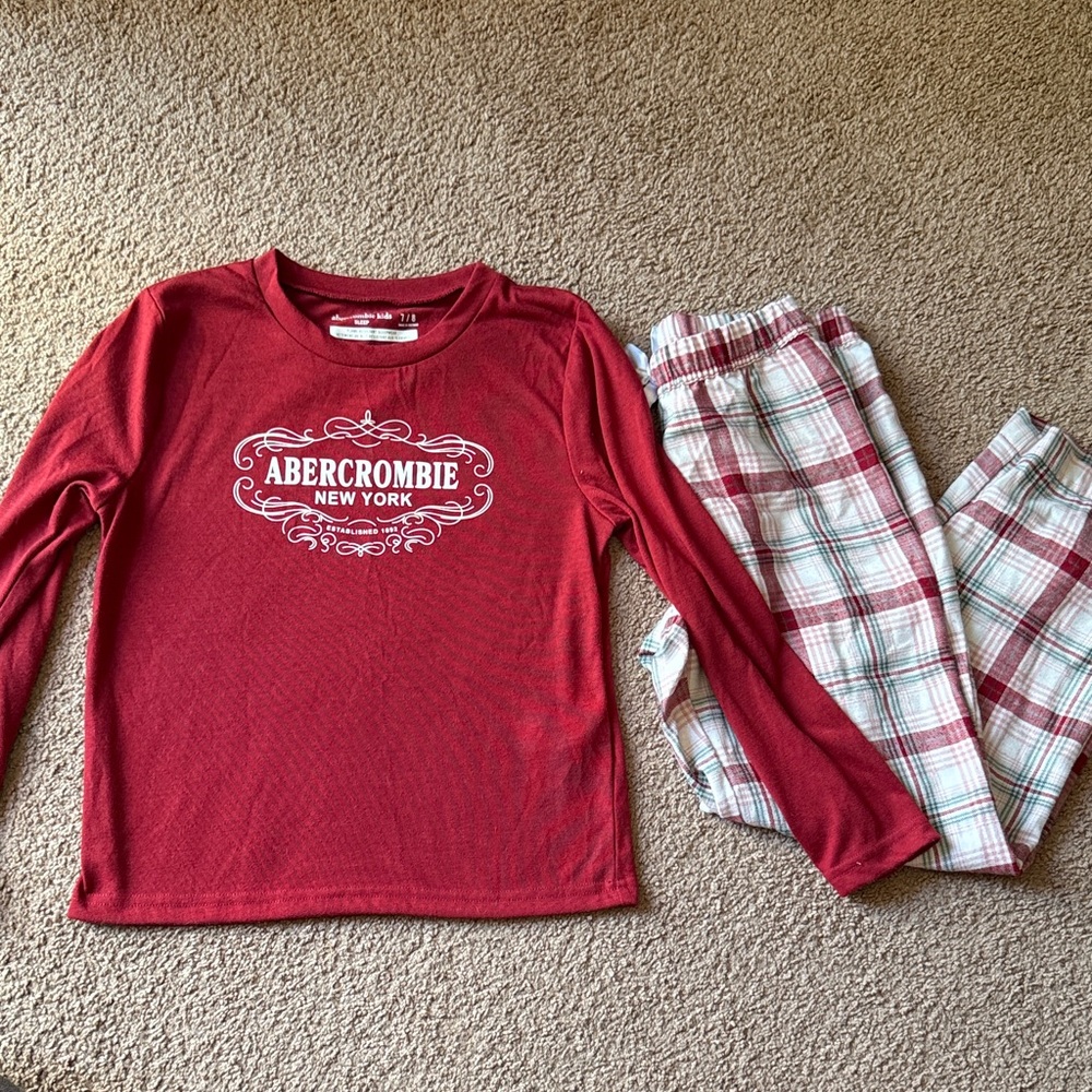 Abercrombie & Fitch Red Long-Sleeve Logo Pajama Set with White & Red Plaid Pants